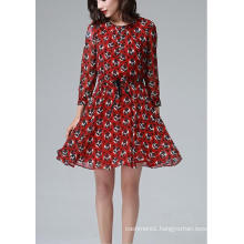 Summer Red Round Flower Print Long Sleeve Women′s Dress